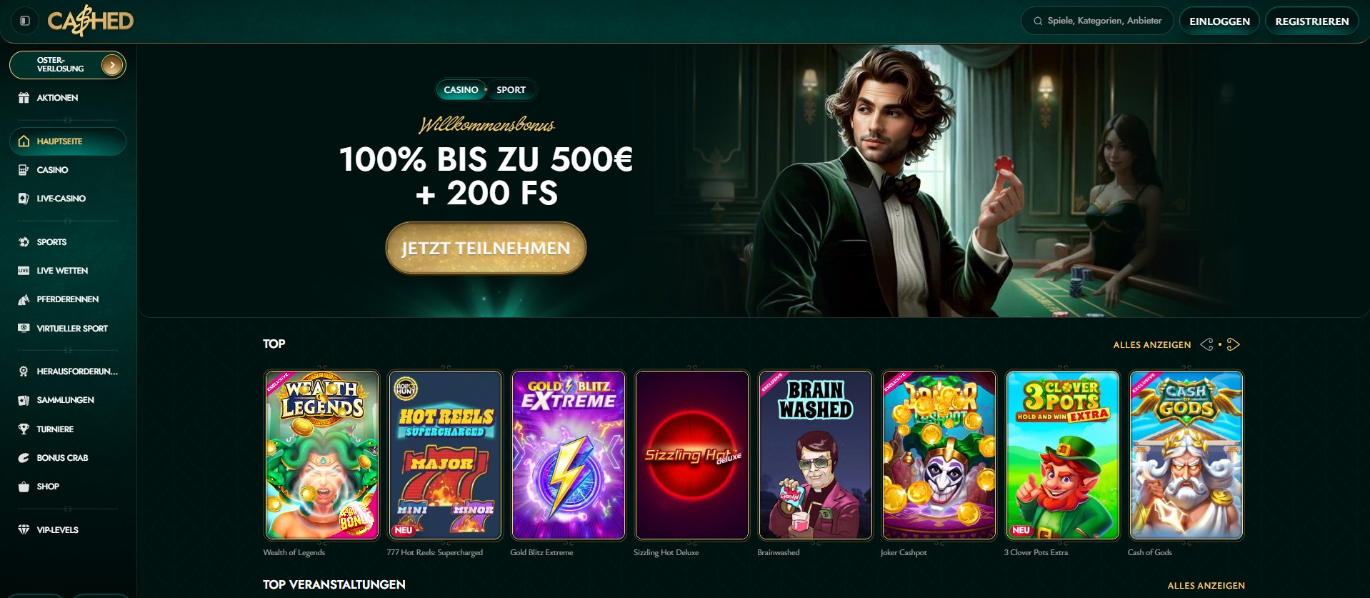 Die Webseite präsentiert verschiedene Sportwetten-Aktionen. Links befindet sich ein Menü mit Auswahlmöglichkeiten wie Hauptseite, Casino, Live-Casino, Sports, Live-Wetten, Pferderennen, Virtueller Sport, Herausforderungen, Sammlungen, Turniere, Bonus Crab, Shop und VIP-Levels. Sechs zentrale Bonusangebote stehen zur Verfügung, darunter ein 100% Ersteinzahlungsbonus bis zu 200€, ein 50% Pferderennen-Reload-Bonus bis zu 50€, eine 100% Rückerstattung für Bore Draw, erhöhte Quoten für verstärkte Gewinne, eine vorzeitige Auszahlung bei zwei Toren Vorsprung und ein Kombiwetten-Boost bis zu 100%. Jede Aktion enthält eine kurze Beschreibung, eine Schaltfläche „Bonus erhalten“ und einen Link „Mehr lesen“.